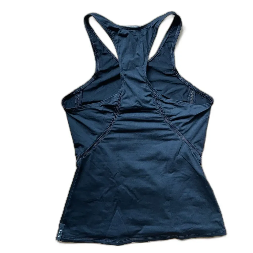 NWOT $120 Michi Black Halterneck Racerback Tank w/ contoured mesh seams, Size XS